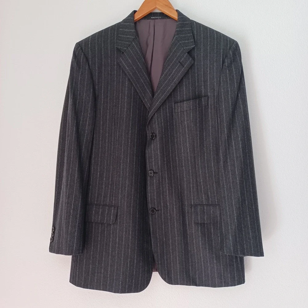 Hickey Freeman Madison Suit Mens 44L Charcoal Grey Pinstripe Worsted Wool‎ 3-Btn